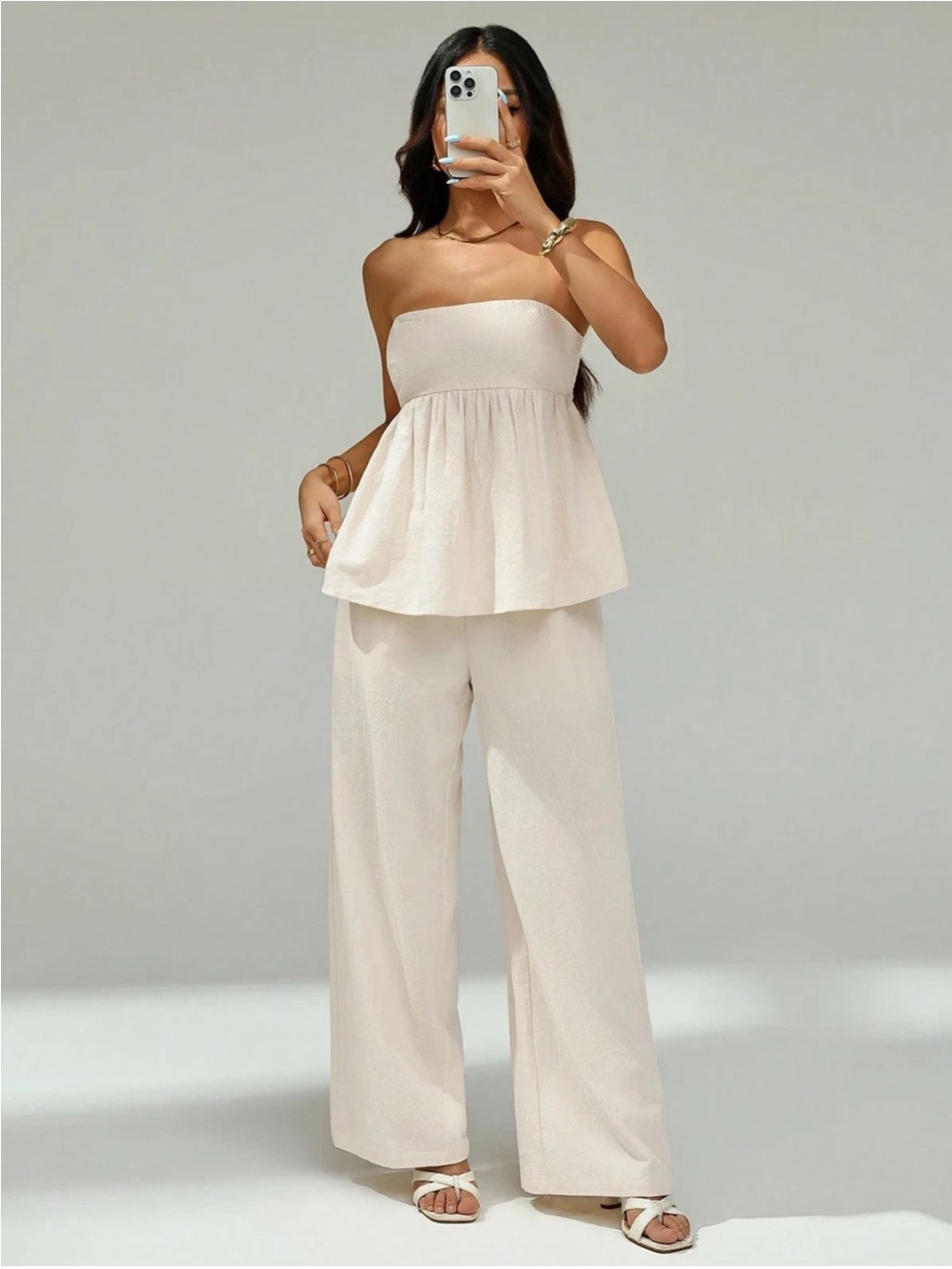 Two-Piece Bandeau Top Long Pants Set Woven Petites Size XS Beige - Picture 5 of 10
